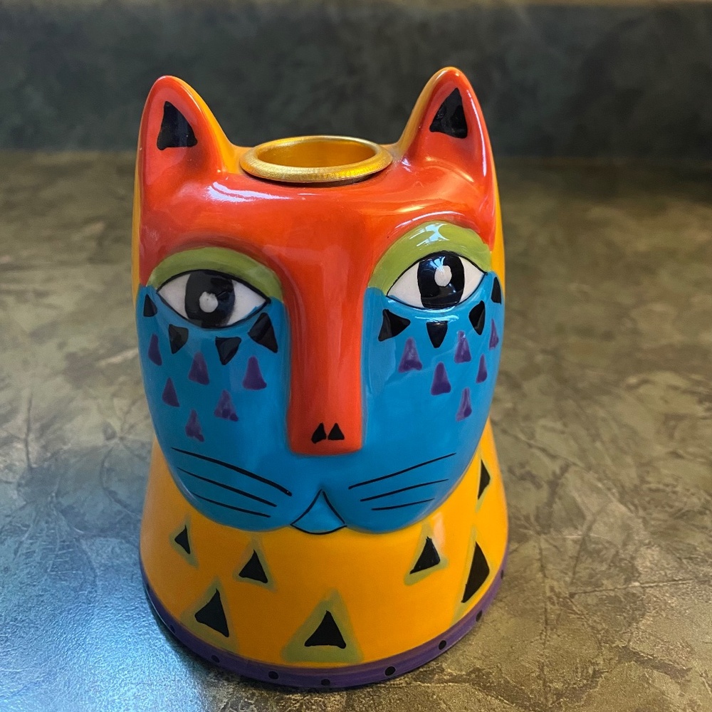 Laurel Burch Multi Color Cat Candle Holder Vintage 90s Decor Colorful Hand Paint